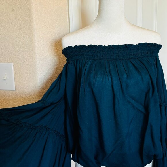Free people- teal/blue off the shoulder/strapless crop ruffle sleeves - Picture 3 of 4